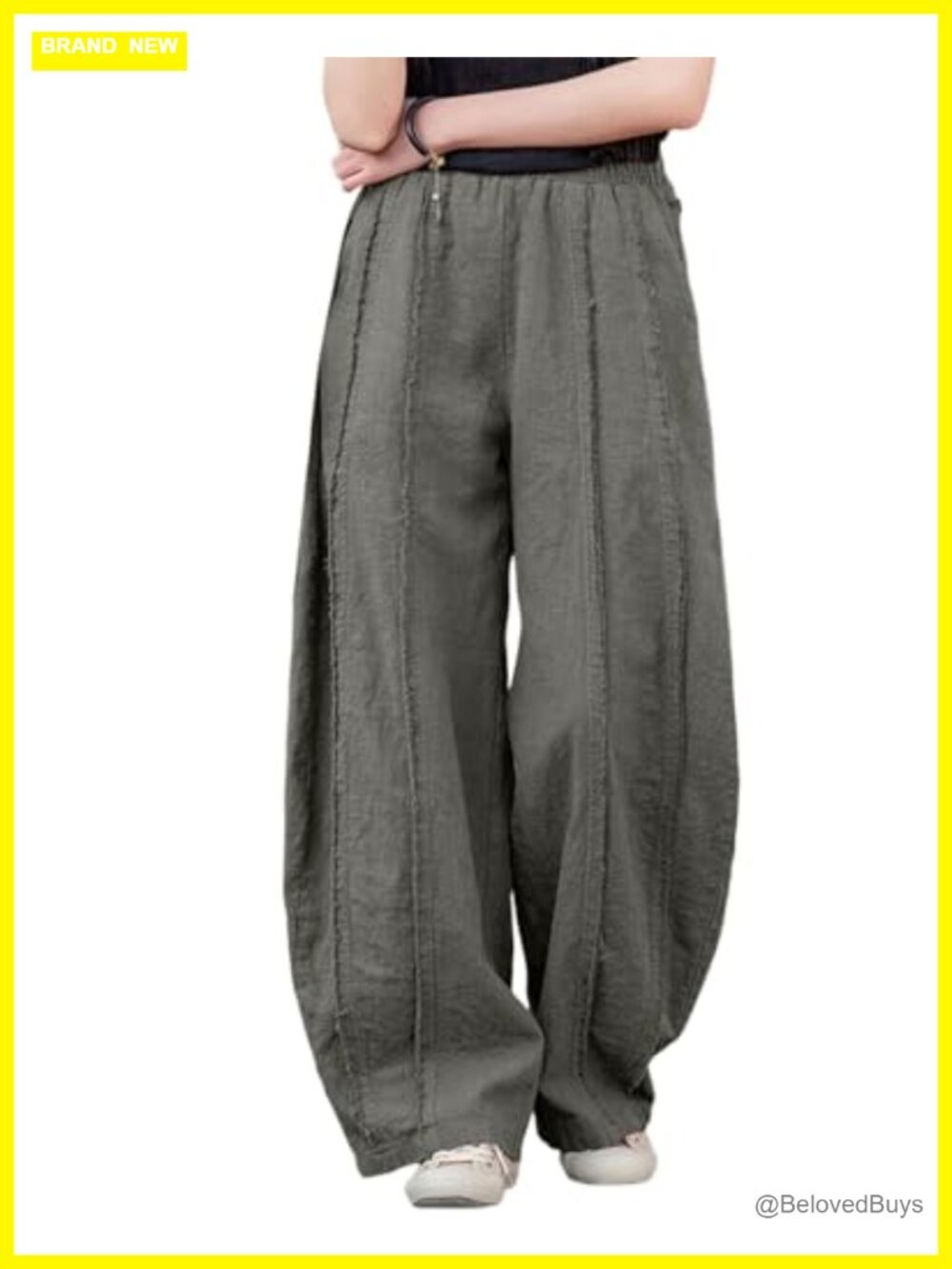 Womens Linen Wide Leg Barrel Pants Raw Frayed Hem Elastic Waist